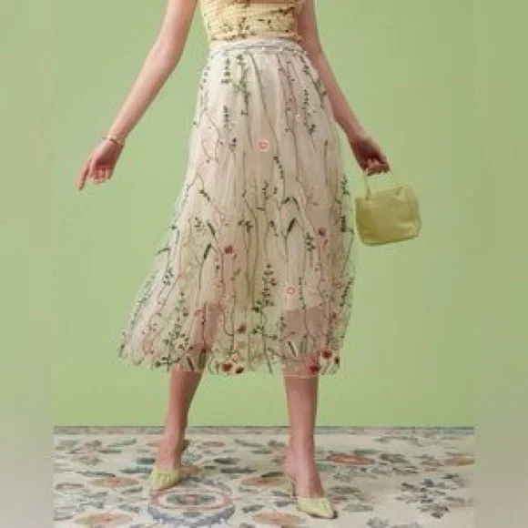 NWT RIHOAS "High Waisted Floral Embroidery A-line Midi Skirt" Sz XS - Picture 7 of 8